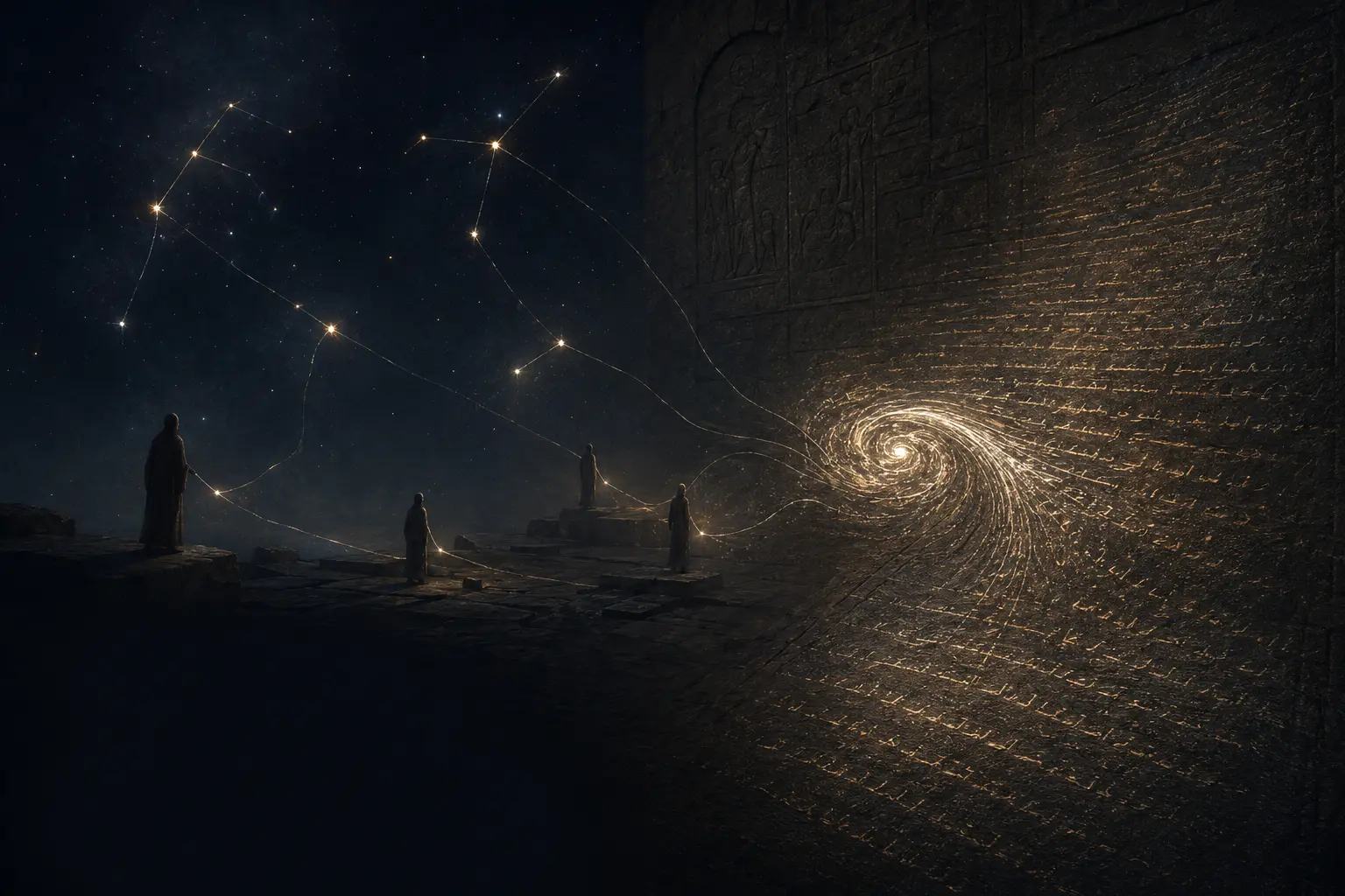 Anonymous figures connected to constellations and an illuminated archive wall